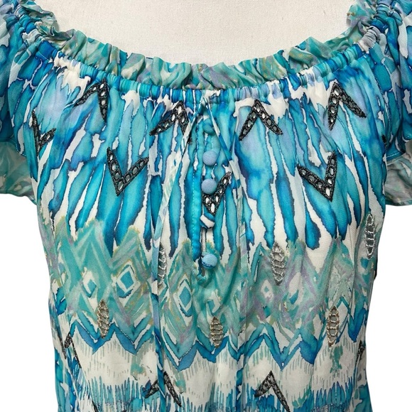 Hale Bob Blue Chiffon Summer Blouse Boho Beachy Coastal Flutter Sleeves M NWT - Picture 14 of 14